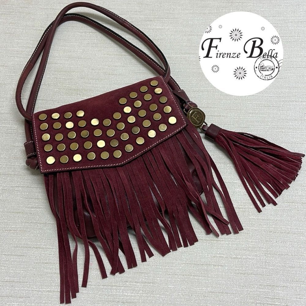 Firenze Bella Stud Fringe Flap Suede Leather Crossbody Shoulder Bag Wine